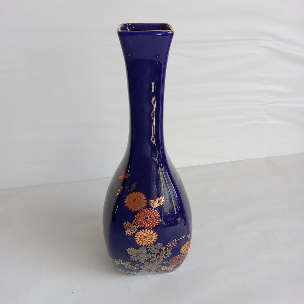 Vase Glass Blu Floral Hand Painted Chinese